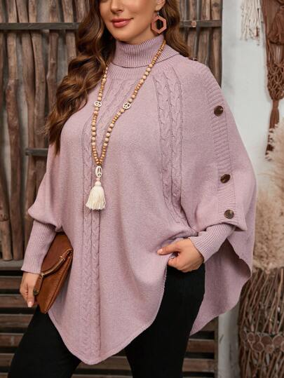 1pc Women Solid Color Knitted Button Mock Neck Bat Wing Long Sleeve Cape Sweater, Slim Fit Elegant Autumn Winter  Fall Outfit