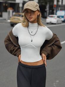 Hanevo 1pc Women's Fashionable Body-Fit Patchwork Ribbed Turtleneck Long Sleeve Undershirt Top Sportwear For Daily Wear Fall Cloth For Women - White - View 5