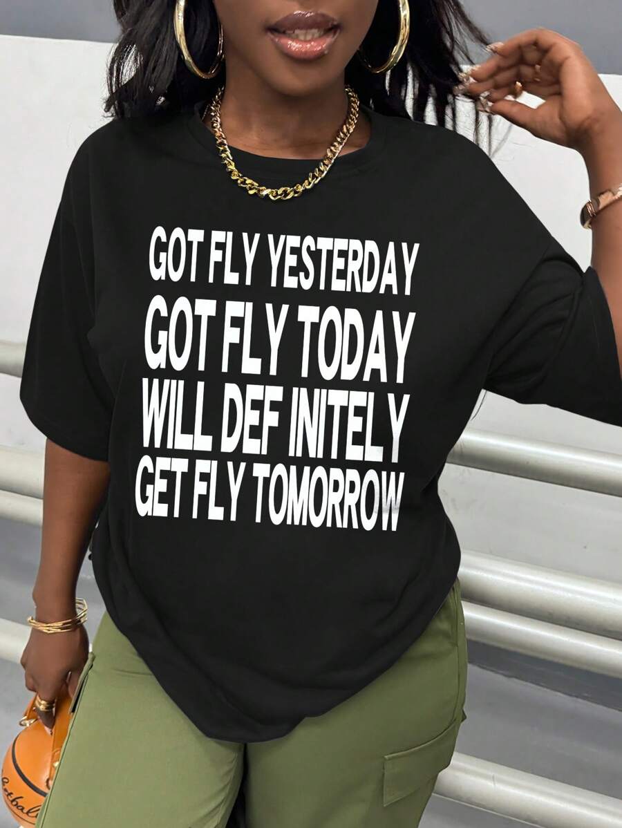 SHEIN Slayr Casual Streetwear Slogan Printed Long Sleeve T-Shirt, Summer Travel Black And White - Black - View 1