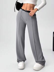 Muchica Women's Plain Color Toothpick Stripe Design Straight Leg Loose Fit High Waist Pants With Belt - Grey - View 5