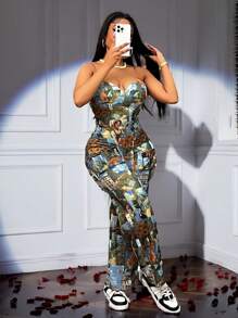 Slaydiva 新款复活节/西部/感恩节女装，女士冬季服装，优雅女士两件套，拼贴印花无肩带露脐上衣搭配多口袋阔腿裤，适合节日、新年派对、婚礼等场合。 - 彩色 - 查看 1