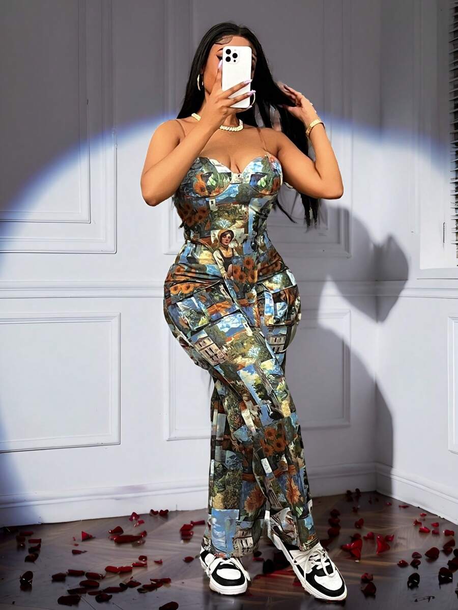 Slaydiva 新款复活节/西部/感恩节女装，女士冬季服装，优雅女士两件套，拼贴印花无肩带露脐上衣搭配多口袋阔腿裤，适合节日、新年派对、婚礼等场合。 - 彩色 - 查看 1