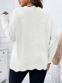 Calvaya Plus Size Colorblock Edge V-Neck Long Sleeve Pullover Sweater Knit Pullover Fall Winter Outfit - White - View 2