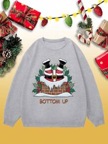 Manfinity Dauomo Gray Men's Crew Neck Pullover Sweatshirt With Upside Down Santa Claus Pattern & Typography, For Autumn/Winter - Grey - View 3