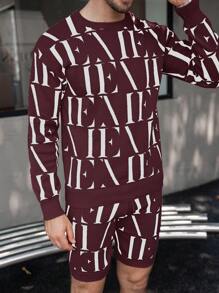 Manfinity Homme Men's Letter Print Round Neck Long Sleeve Sweater Top And Shorts Casual 2 Pieces Outfit