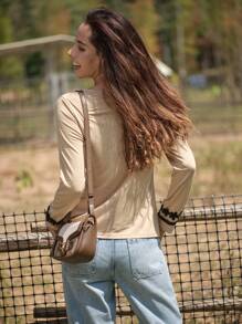 LanaWest Women's Casual Long Sleeve Round Neck T-Shirt, Contrasting Shoulder, Faux Placket Buttons, Floral Cuff & Hem Trim, Knitted Fabric, Black & Apricot, Autumn/Winter