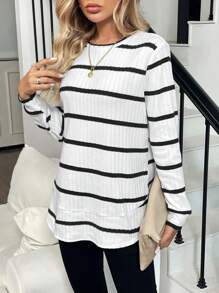 Elyressa 女士休闲抓绒条纹下摆拼接圆领长袖卫衣，长袖上衣，毕业季、教师节、返校季套头衫 - 黑與白 - 查看 6
