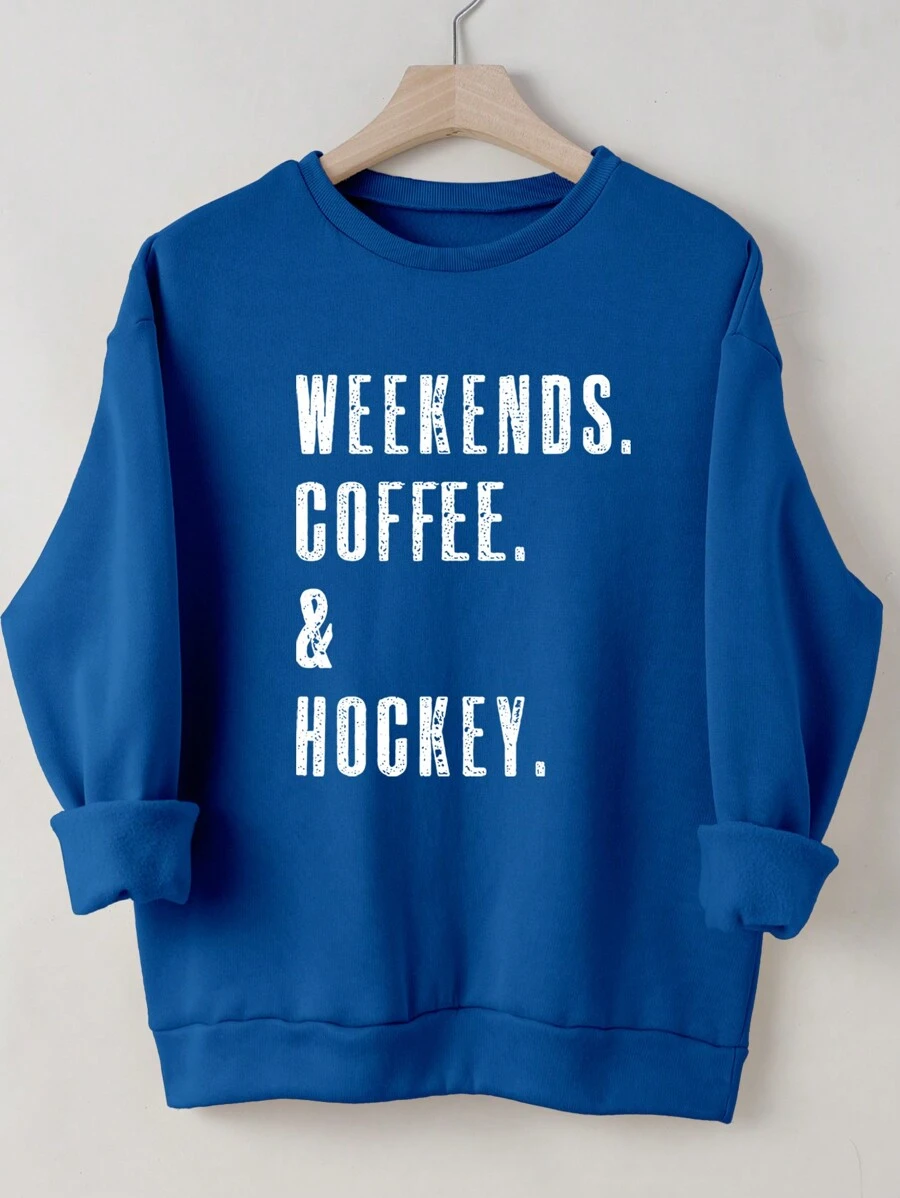 INAWLY Áo nỉ in hình cà phê và khúc côn cầu, áo chui đầu cổ tròn tay dài thường ngày có họa tiết chữ Hockey Mom - Xanh đậm - Xem 1