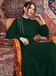 Modelyn 女式优雅闪光丝带腰部休闲朴素长袖连衣裙，秋季 - 墨綠色 - 查看 4