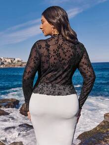 SHEIN VCAY 大码荷叶边装饰植绒修身上衣 - 黑色 - 查看 2