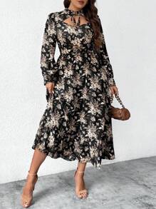 SHEIN Clasi Random Floral Cut Out Lace Up Collar Frill Trim Drop Shoulder Puff Sleeve A-Line Plus Size Dress Fall Cloth For Women - Black - View 1