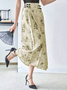 Modelyn Váy Hanfu họa tiết hoa có khóa gấp xếp ly, quần Hanfu - Màu be - Xem 4