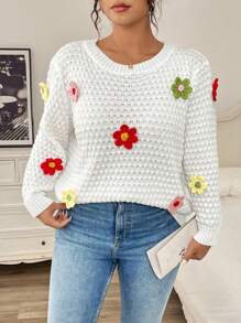 Calvaya 大码圆领长袖碎花装饰简约休闲套头毛衣针织衫秋冬款 - 白色 - 查看 3