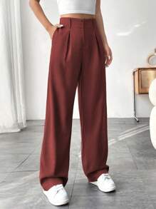 SHEIN PETITE 1 quần dài thường ngày túi trơn cho nữ mặc hàng ngày cho quần áo năm mới - Đỏ - Xem 1