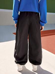SHEIN Tween Boys Thermal Lined Loose Comfortable Drawstring Tapered Casual Trousers, Fashionable And Minimalist Leisure Cargo Pants For Cycling And Outdoor Activities - Black - View 2