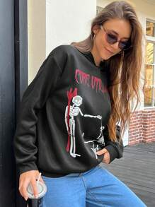 INAWLY Women's English Letter & Skull Ugly Floral/Funny Print Hooded Sweatshirt, Casual Mid-Length Hoody For Autumn & Winter
