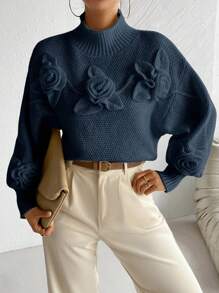 RosyDaze Floral Applique Solid Color High Neck Elegant Long Sleeve Pullover Sweater Knit Pullover Fall Winter - Navy Blue - View 4