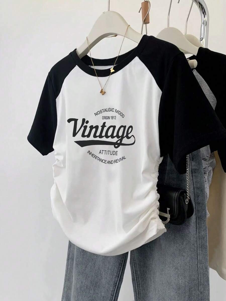 SHEIN New Style Slimming Color Blocking Pleated Insert Sleeve Short Sleeve Women T-Shirt Graphic Tees Women Tops