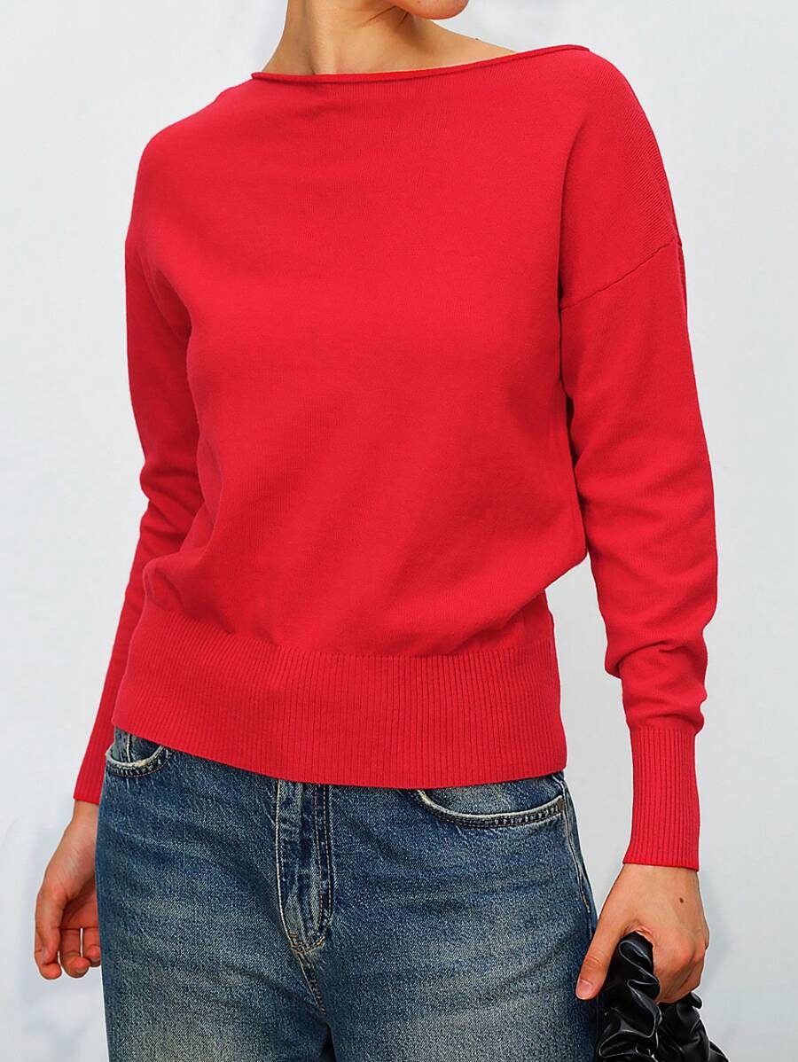 SHEIN Clasi 一件简约优雅斜肩长袖针织毛衣,秋冬款 - 紅色 - 查看 1