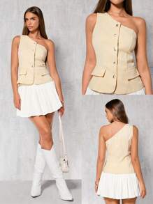 Glamine Fashionable Asymmetrical Sleeveless One-Shoulder Fake Pockets Embellished With Diamond Decorative Buttons Top Autumn And Winter Small Fragrance Style Coarse Floral Fabric Suitable For Workplace Dating And Office Wear - Beige - View 2