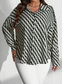 Flirla Plus Size Women Geometric Print Long Sleeve Lapel Shirt - Multicolor - View 8
