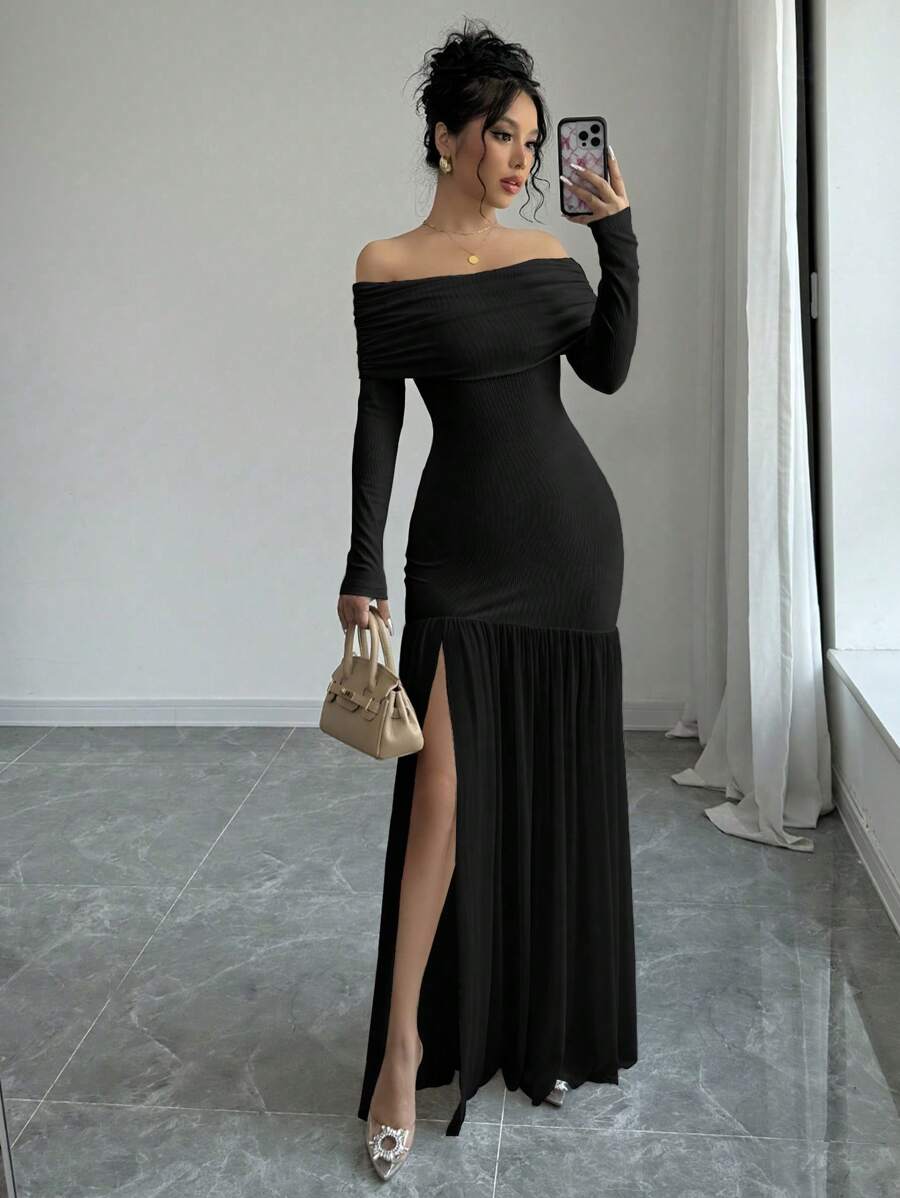Elenzga 1 chiếc váy xẻ cao hở vai màu trơn thanh lịch dành cho nữ, trang phục Maxi mùa thu dành cho nữ - màu đen - Xem 1