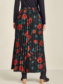 SHEIN Clasi Elegant Rose Print Pleated A-Line Skirt Fall Cloth For Women - Red - View 2