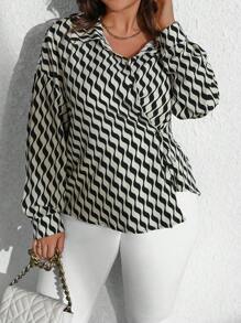 Flirla Plus Size Women Geometric Print Long Sleeve Lapel Shirt - Multicolor - View 6