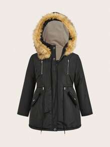 Flirla Plus Size Fashionable Casual Fluffy Collar Padded Padded Coat For Winter Clothes - Black - View 3