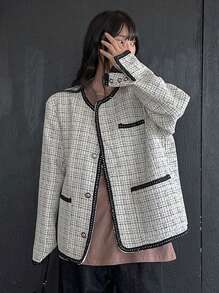 DAZY Women Casual Elegant Round Neck Loose Front Button Jacket, Autumn,Fall Women Clothes Plaid Women Coats - Black and White - View 5
