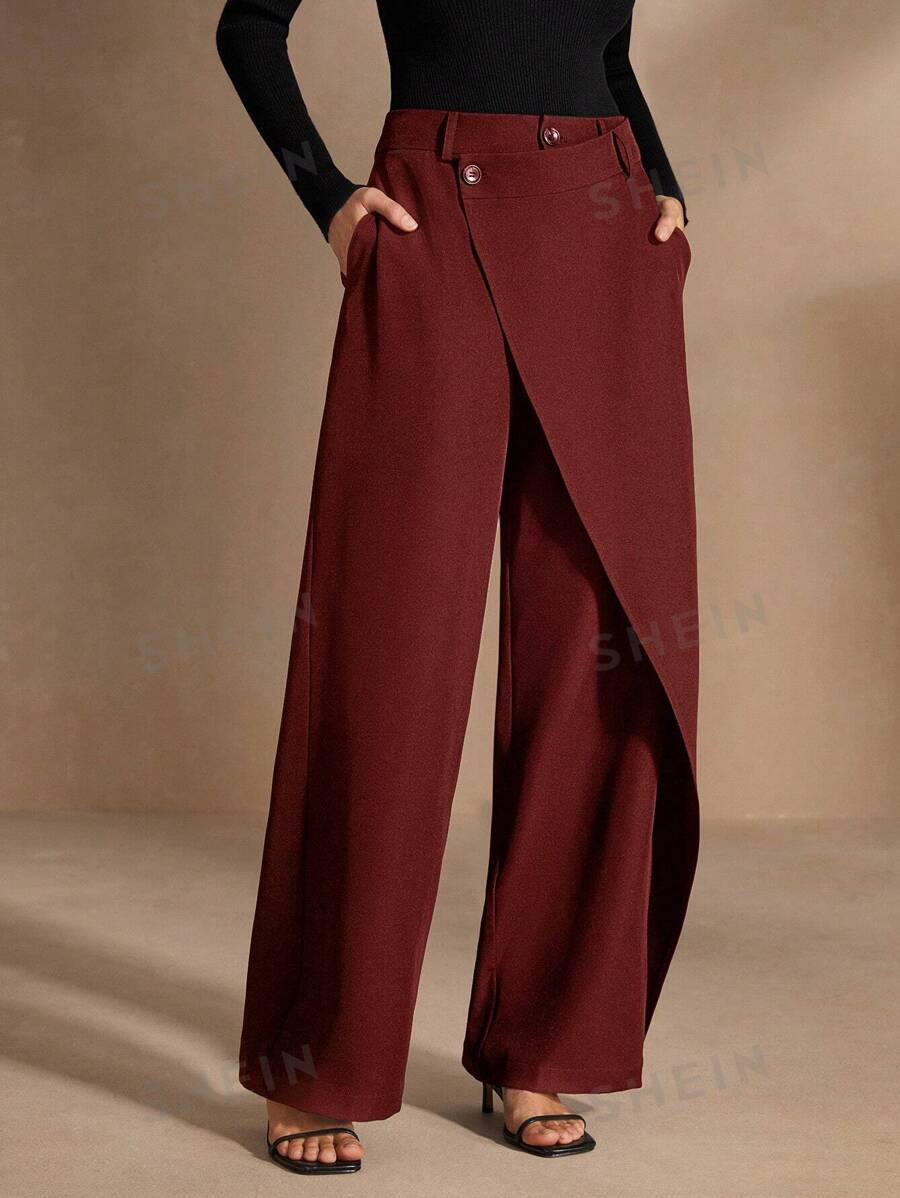 Anewsta Pantalones rectos con bolsillos de unicolor con drapeado asimétrico y cruce envolvente, para ropa de Año Nuevo