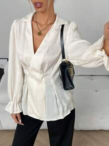 SHEIN Unity 女式正面纽扣纯色长袖衬衫，休闲日常穿着荷叶边上衣 - 米色 - 查看 4