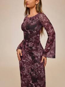 Glamine 1 pieza Vestido con estampado floral elegante en todo el Body, mangas acampanadas, cintura con lazo y espalda descubierta, atuendo para fiesta de Navidad
