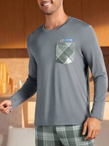 Manfinity Underwear&Sleepwear Basics Bộ 2 món/Bộ quần áo kẻ caro chắp vá thường ngày cho nam, mặc ở nhà, mùa thu - Màu xám đen - Xem 4