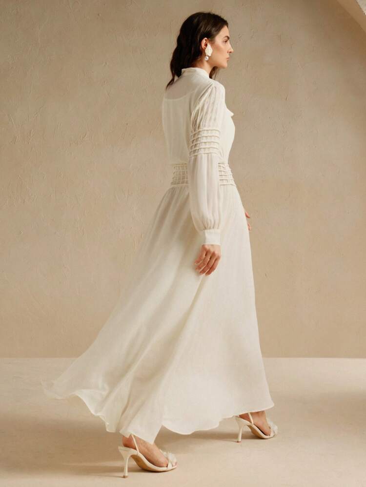 Elegant Long Sleeve Maxi Accordion Pleated Chiffon Dress, Waist-Cinched