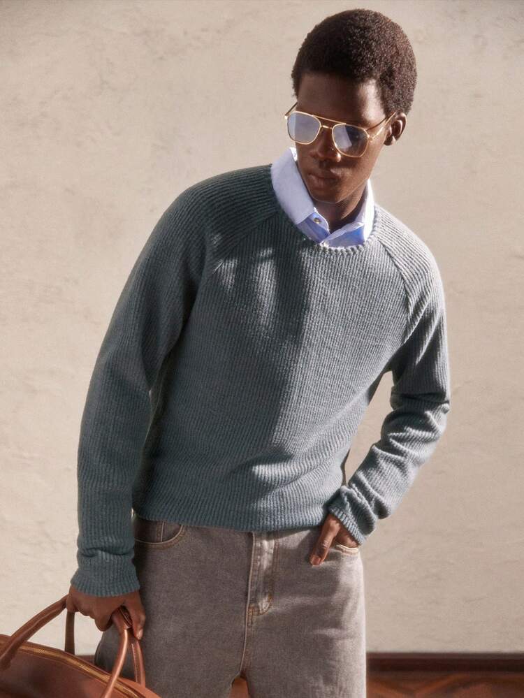 T-shirt casual à manches longues col ras-du-cou uni avec manches raglan pour hommes, convient pour l'automne, cadeau pour le petit ami de l'ancien argent