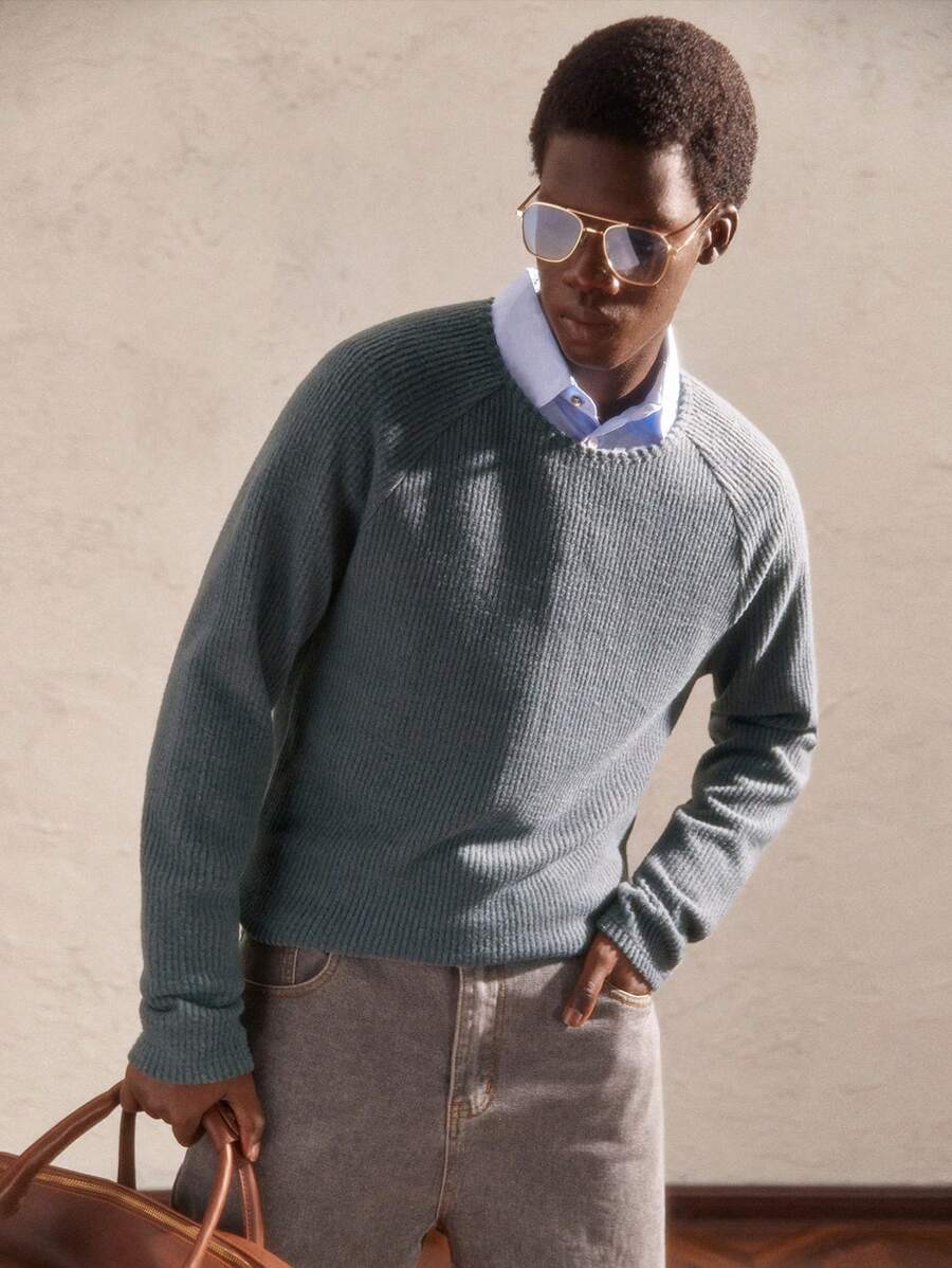 AKNOTIC Business Casual 男士修身插肩袖圆领纯色都市长袖休闲 T 恤，适合秋季，老钱男友礼物 - 灰色 - 查看 1