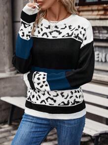 SHEIN LUNE Women's Fashionable Leopard Print Patchwork Crew Neck Long Sleeve Casual Sweater, Autumn/Winter Knit Pullover Fall Outfit