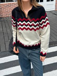 Jouncy Suéter holgado de mujer de estilo casual con contraste de color y hombros caídos, adecuado para otoño
