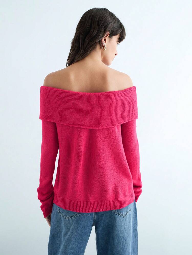 SHEIN Maija New Stylish Urban Elegant Casual Woman Pink & Burgundy Off Shoulder Sweater, Autumn/Winter