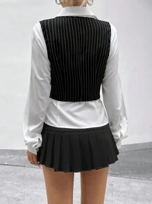 SHEIN Clasi 2 件女式休闲背心夹克 + 白色衬衫套装 - 黑與白 - 查看 2