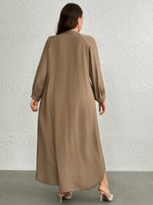 SHEIN LUNE Vestido casual largo de manga larga con botones frontales y escote en V de unicolor para mujer de talla grande