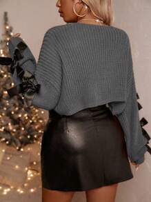 Juhart 大码纯色短款打结休闲长袖开衫，适合冬季 - 深灰色 - 查看 2