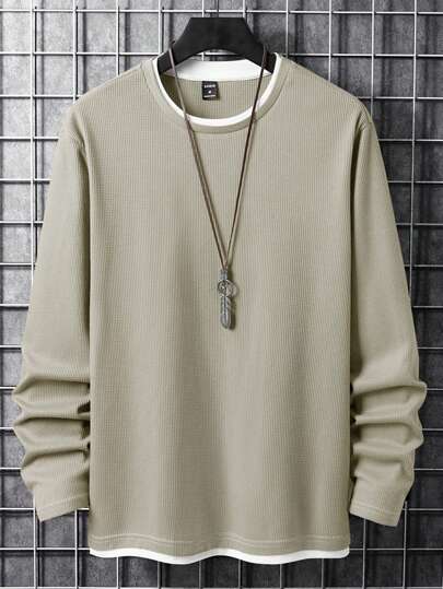 Manfinity Homme 男士圆领撞色休闲长袖T恤，秋季