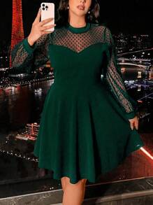 SHEIN Clasi Vestido largo de manga larga y cuello redondo de talla grande con inserto de malla transparente, para Navidad, conjunto de mujer