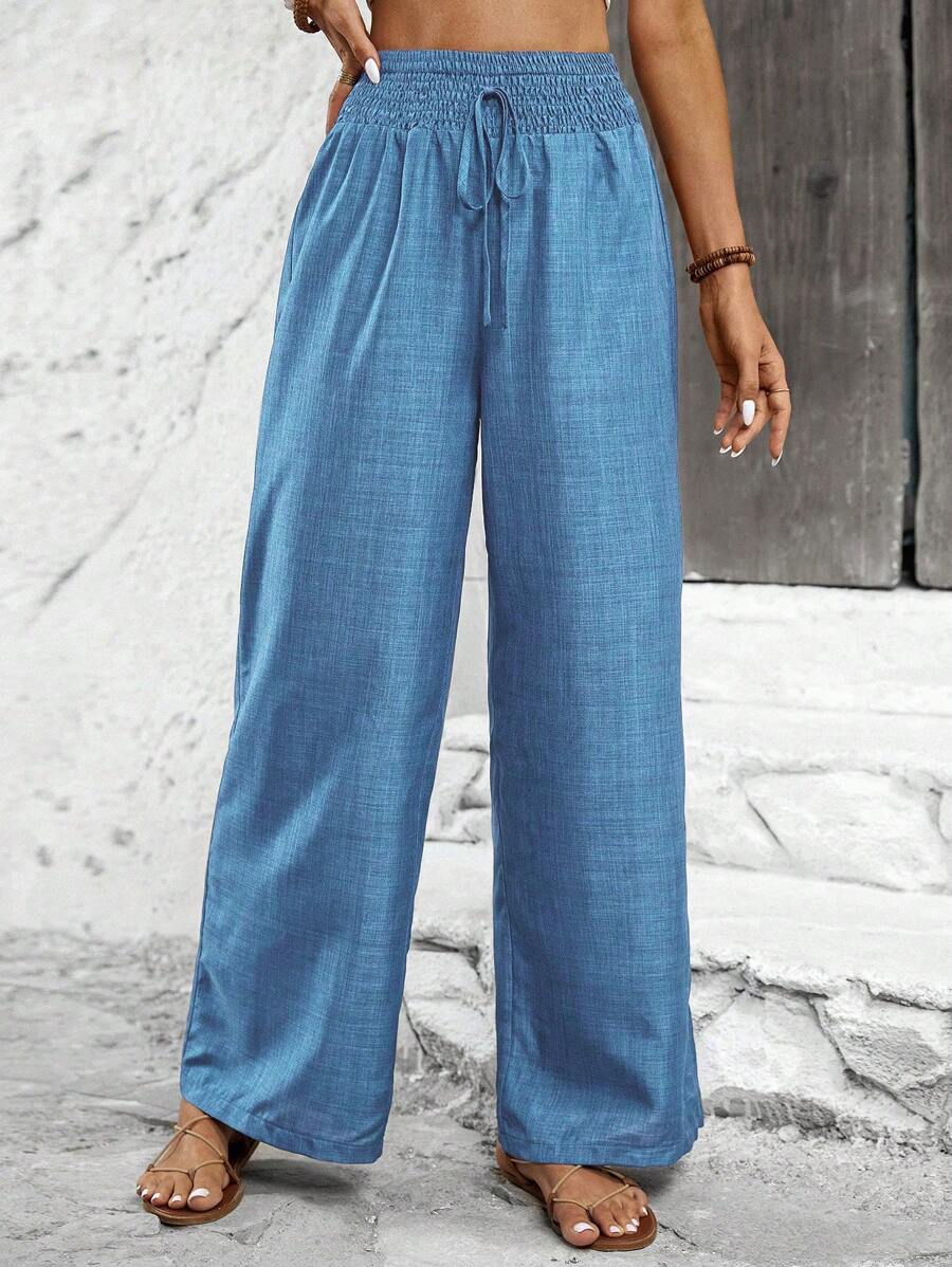 Breezaya Pantalones rectos relajados con lazo delantero de unicolor - Azul - Ver 1