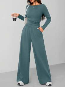 SHEIN PETITE Bộ đồ hai mảnh dệt kim mỏng mùa thu đông dành cho nữ + quần ống rộng thoải mái và giản dị màu xám đậm - màu xanh lá - Xem 3