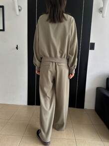 DAZY 2pcs Women Contrast Color Strap Jacket & Wide Leg Pants Set,Fall Clothes