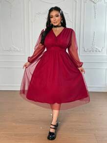 Celure Vestido romântico de tule transparente de cintura marcada, cor sólida, elegante e vintage, em Plus Size