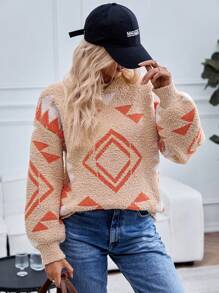 SHEIN LUNE Women Retro Regular Fit Slouchy Geometric Boho Knitted Sweater  Fall Winter Outfit